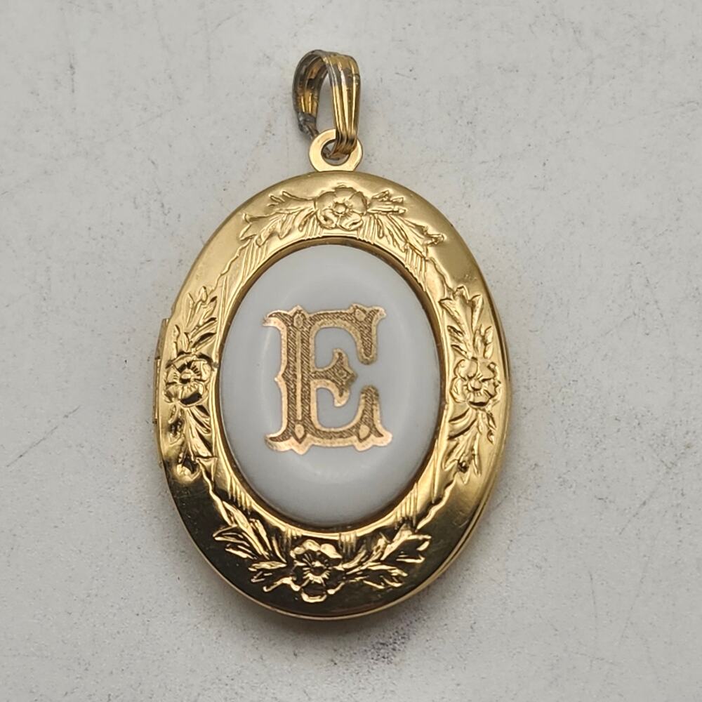 Gold Tone Oval Floral Photo Locket Pendant White Initial E Victorian Revival